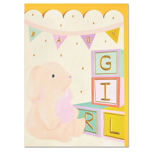 Endearing 'Baby Girl' Baby Card with Rabbit Toy Raspberry Blossom