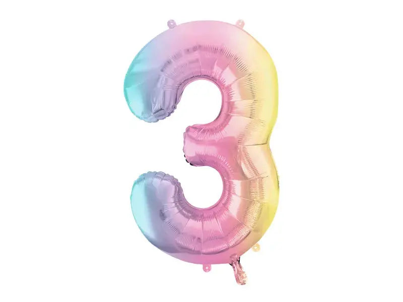 Foil Balloon Number ''3'', 86cm, pastel rainbow Partydeco