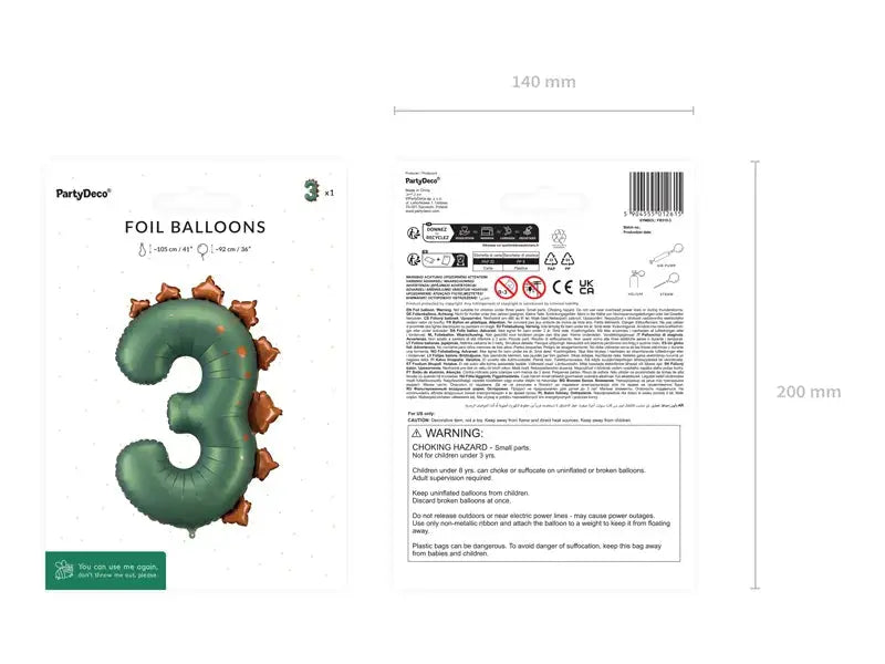 Foil balloon Digit ''3'' Dinosaur, 92cm, mix Partydeco