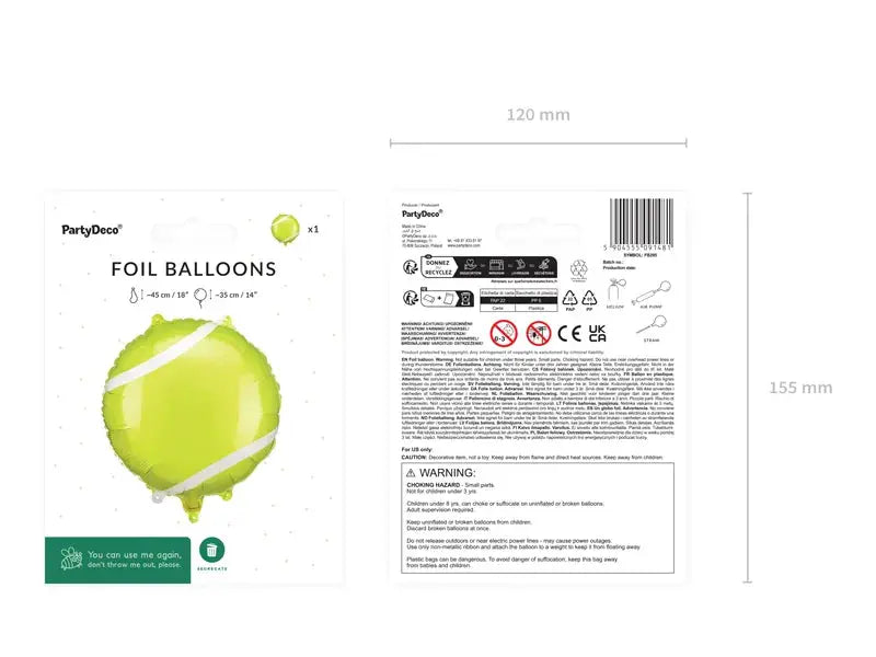 Foil balloon Tennis ball, 35x35 cm, mix Partydeco