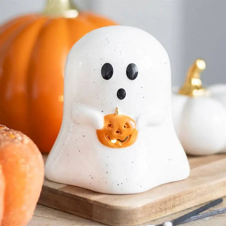 Ghost Shaped Halloween Tealight Candle Holder with Pumpkin Something Different Wholesale