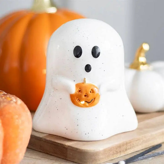 Ghost Shaped Halloween Tealight Candle Holder with Pumpkin Something Different Wholesale