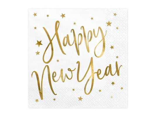 Happy New Year napkins, white, 33x33cm Partydeco