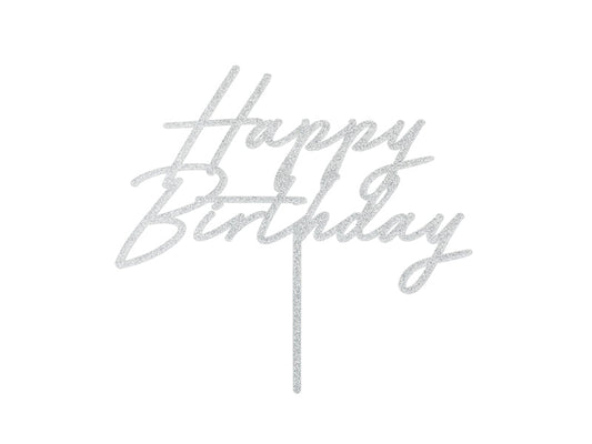 Cake topper Happy Birthday, 18x16.5 cm, silver glitter (KPT83-018)