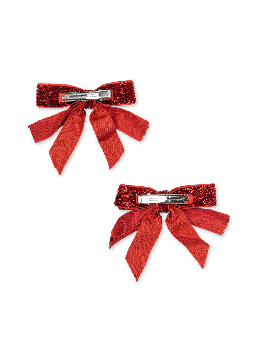 2 Pack Velvet Double Bow Hair Clips - Red Glitter