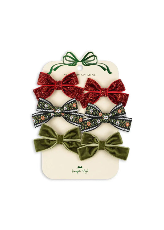 KS104188 6 PACK MICKI BOW HAIR CLIPS - Red/Green Konges