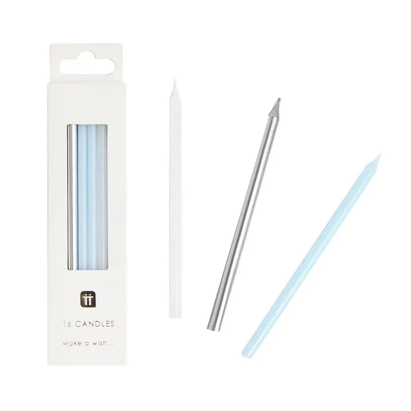Long Blue and Silver Birthday Candles - 16 Pack Talking Tables
