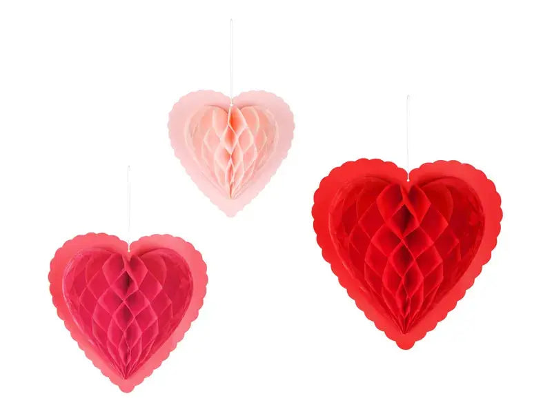 Paper honeycomb decorations Hearts, mix, 20-30 cm Partydeco