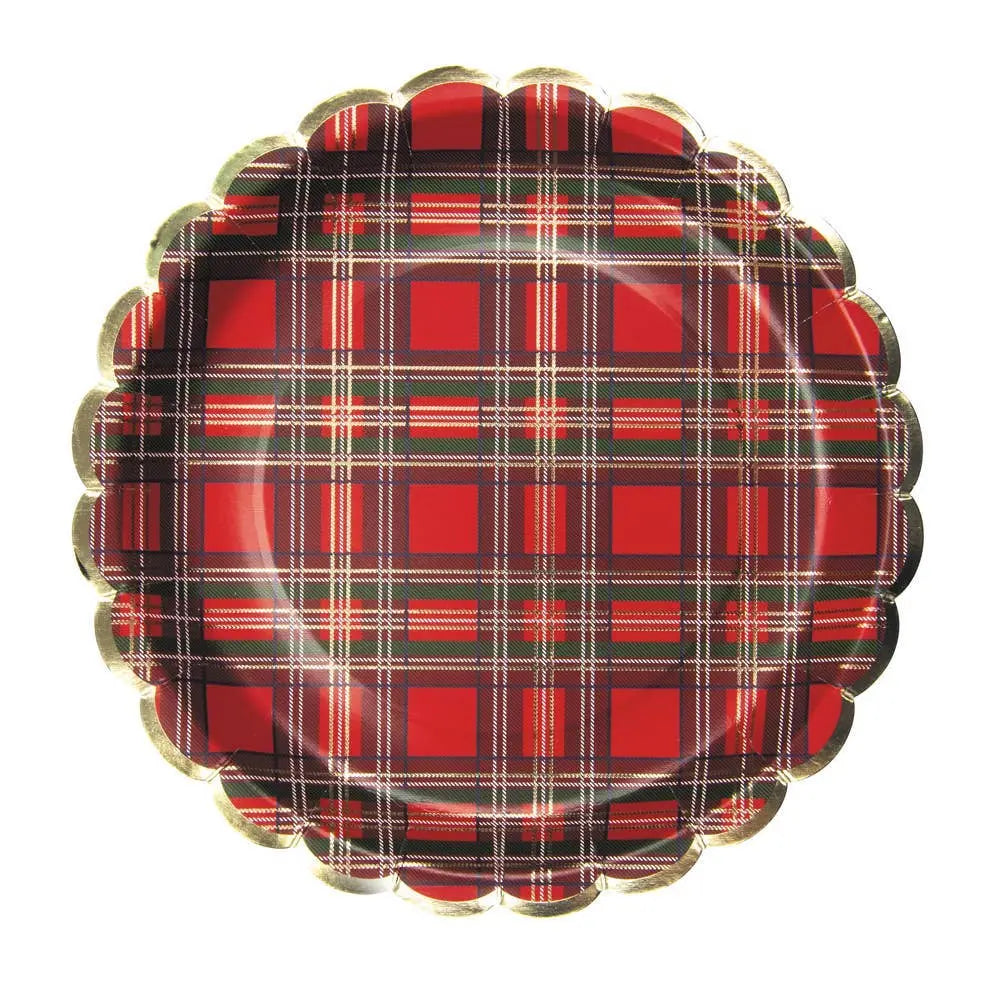 SCALLOPED PLATES 23CM TARTAN AND GOLD X 8 Tim&Puce Factory