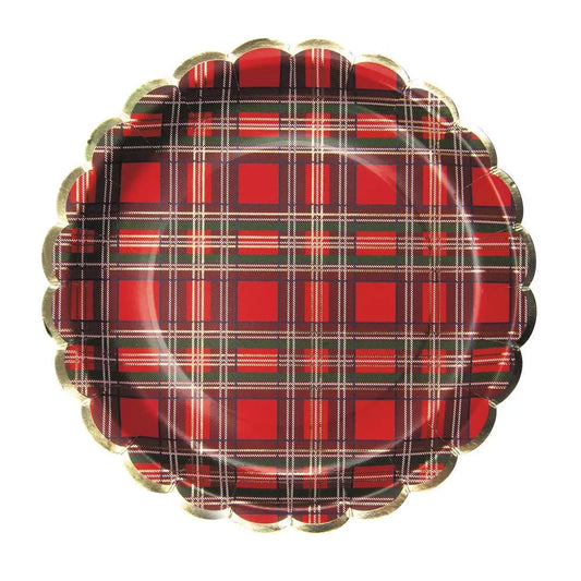 SCALLOPED PLATES 23CM TARTAN AND GOLD X 8 Tim&Puce Factory
