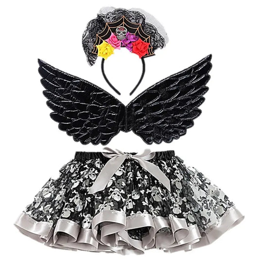 Set 3 pieces tutu+wings+tiara DAY OF THE DEAD Cotillons D Alsace