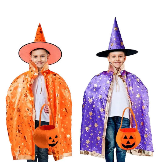 Set 3 pieces witch 3  Cape 80cm +hat 34cm + bag 28cm Orange OR Purple Cotillons D Alsace