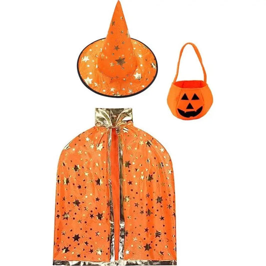 Set 3 pieces witch 3  Cape 80cm +hat 34cm + bag 28cm Orange OR Purple Cotillons D Alsace