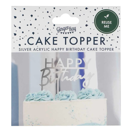 Silver Acrylic Happy Birthday Cake Topper GingerRay