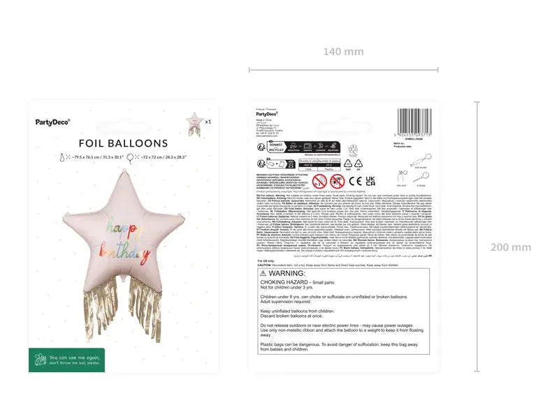 Star with tassels Happy Birthday foil balloon, 72x72 cm, mix Partydeco