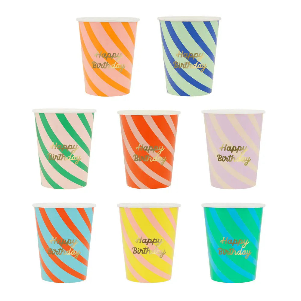 Stripe Happy Birthday Cups (x 8) Meri Meri