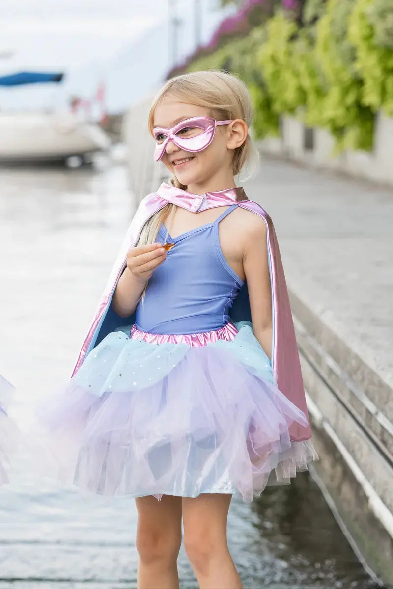 Super-duper Tutu, Cape & Mask, Metallic Pink & Light Blue 4-6 years Great Pretenders