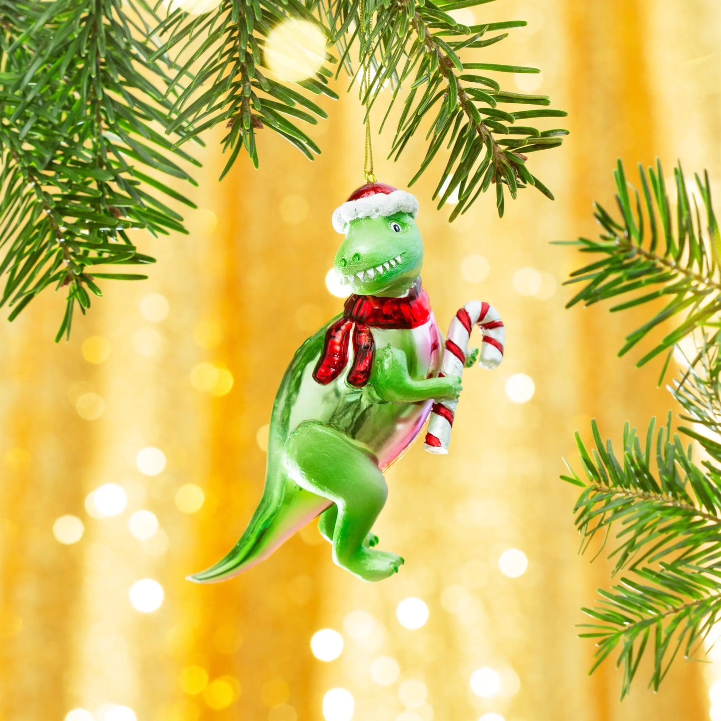T-Rex With Candy Cane Shaped Bauble - SASS & BELLE SASS AND BELLE