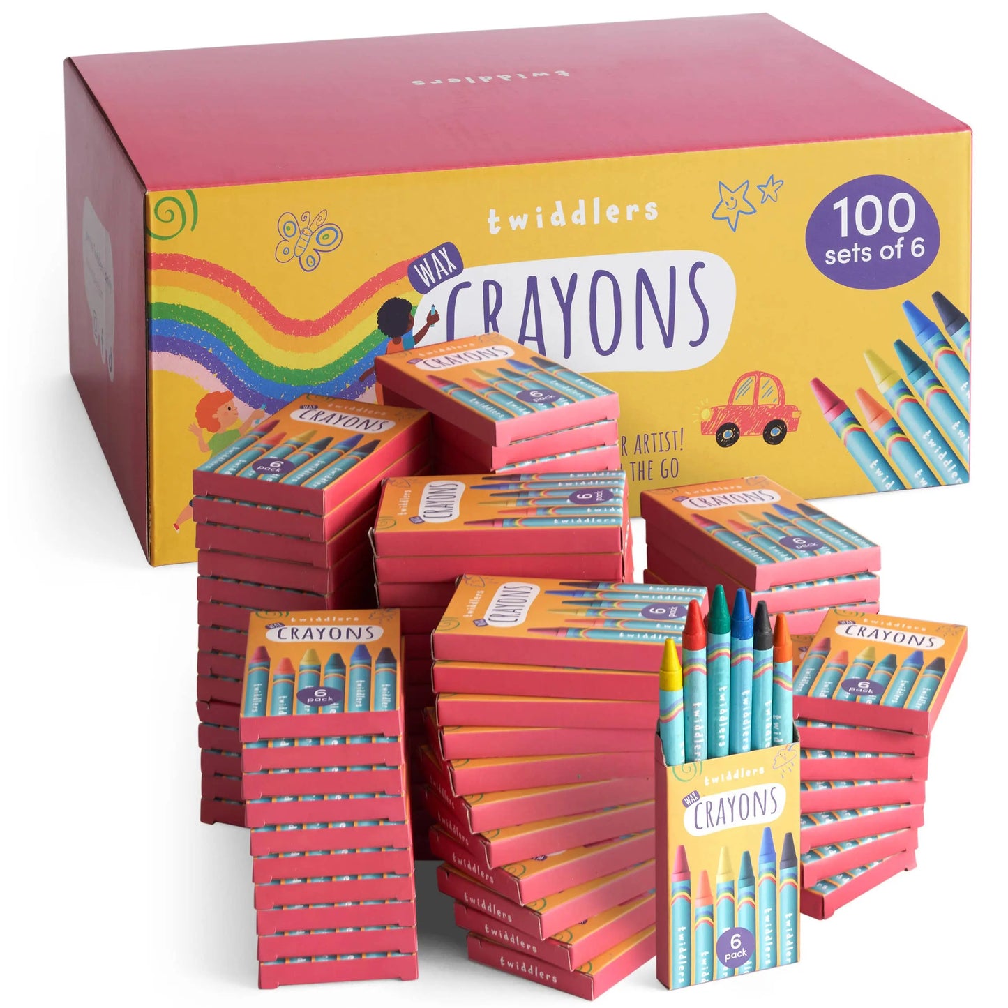 The Twiddlers - 100 Boxes of Wax Crayons for Kids, 6 Crayons Per Box, 600 To The Twiddlers