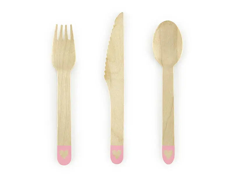 Wooden Cutlery Hearts, blush pink 16cm Partydeco