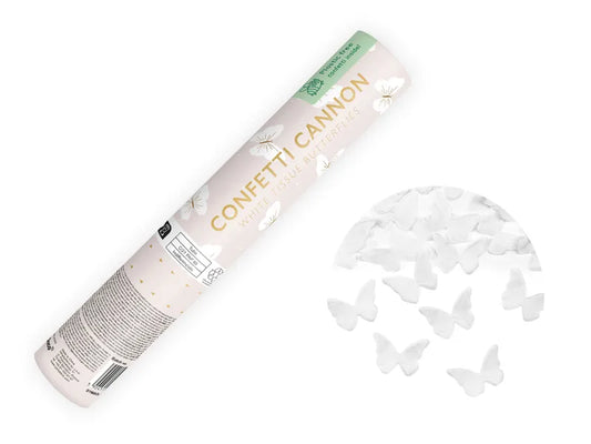 Confetti cannon, white butterflies, 20cm