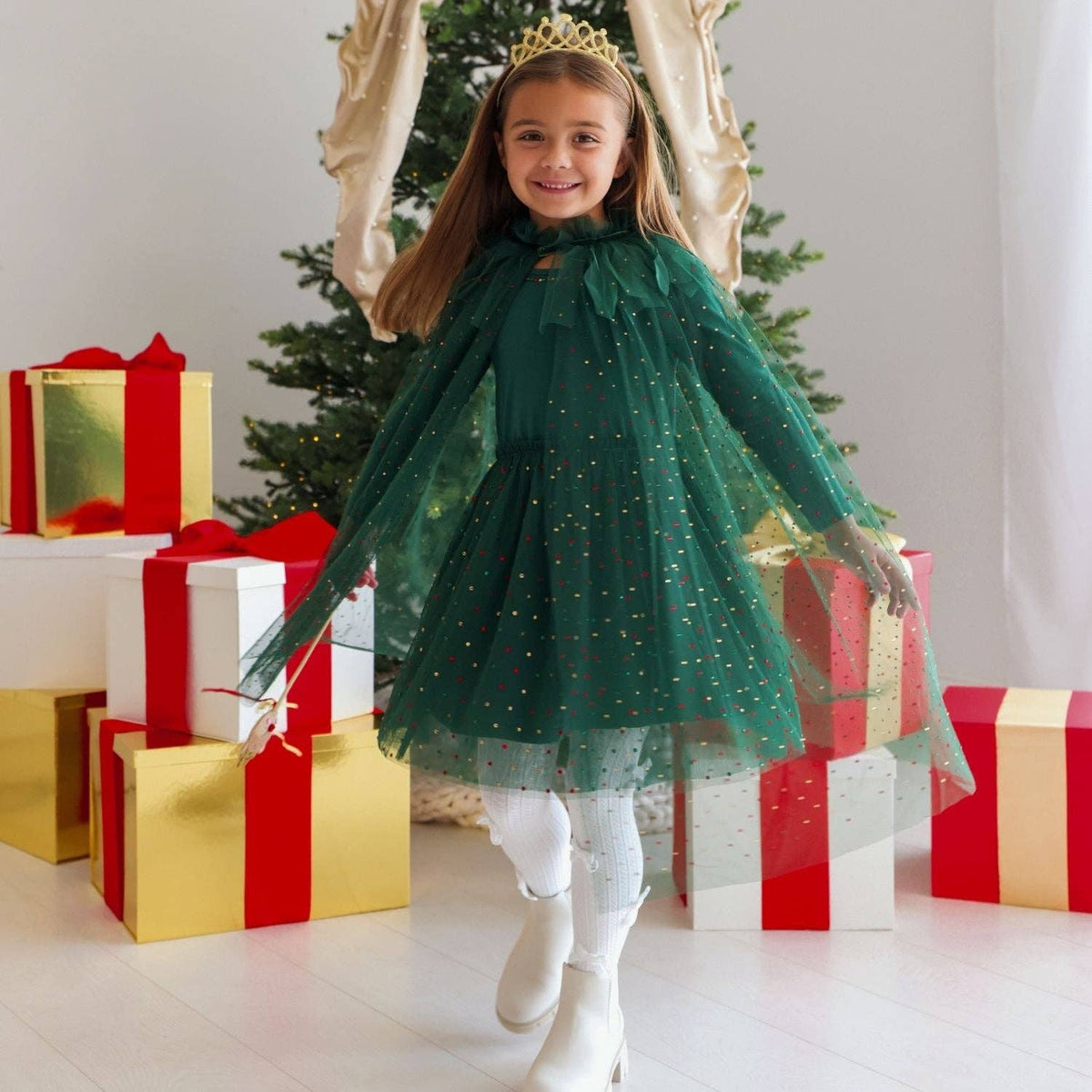 Sweet Wink - Emerald Rhinestone Christmas Long Sleeve Tutu Dress - Kids: 4T