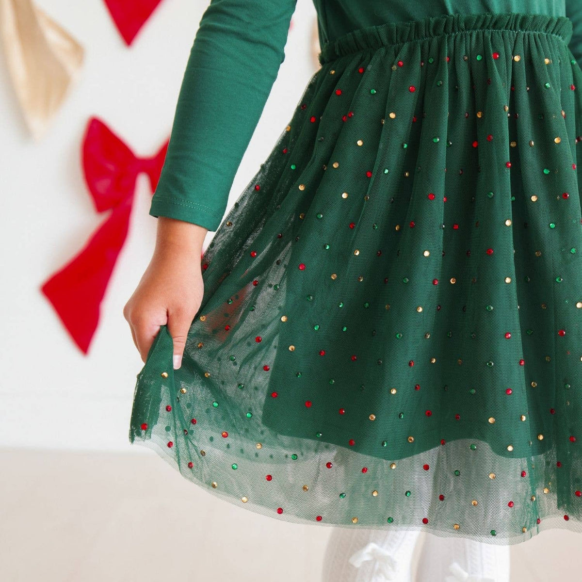 Sweet Wink - Emerald Rhinestone Christmas Long Sleeve Tutu Dress - Kids: 5Y