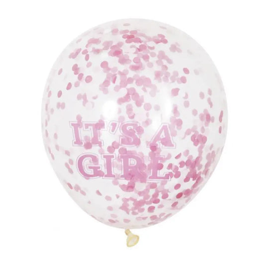 6 transparent balloons 30 cm with conffetis - It's a girl pink cotillons Alsace