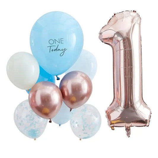BLUE AND ROSE GOLD FIRST BIRTHDAY BALLOONS Ginger Ray