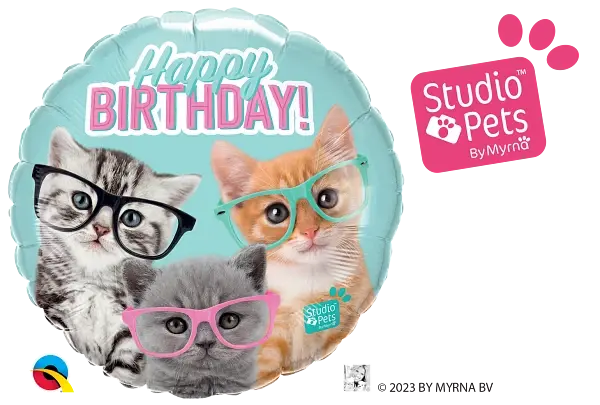 Birthday Kittens With Eyeglasses Foil Balloon qualatex