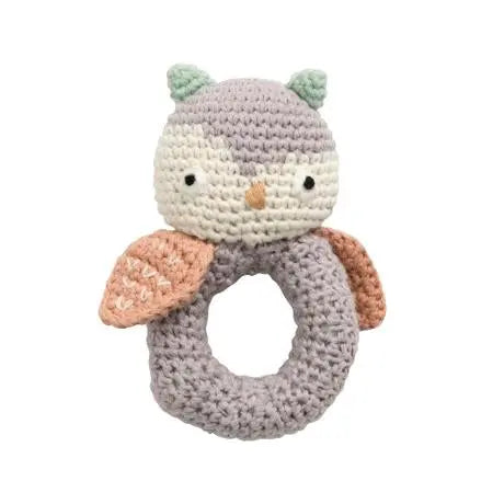 Crochet rattle, Blinky the owl, raindrop grey Sebra