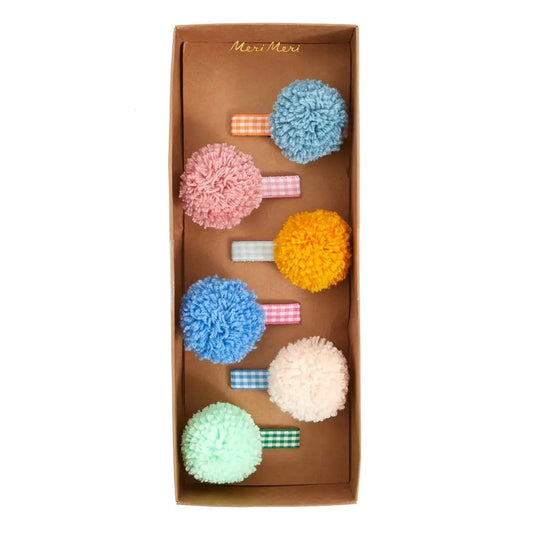 Gingham & Big Pompom Hair Clips (set of 6) Meri Meri