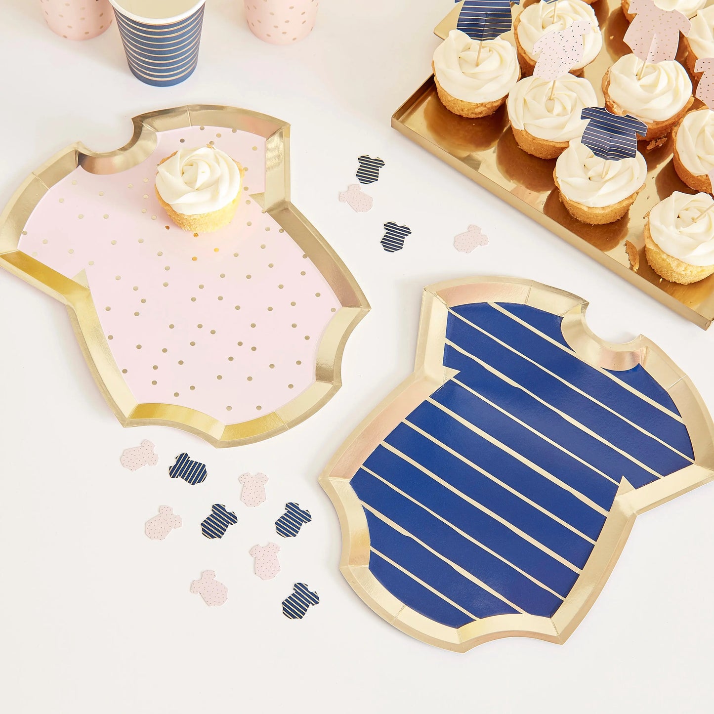Gold Foiled Pink And Navy Baby Grow Gender Reveal Party Plates GingerRay