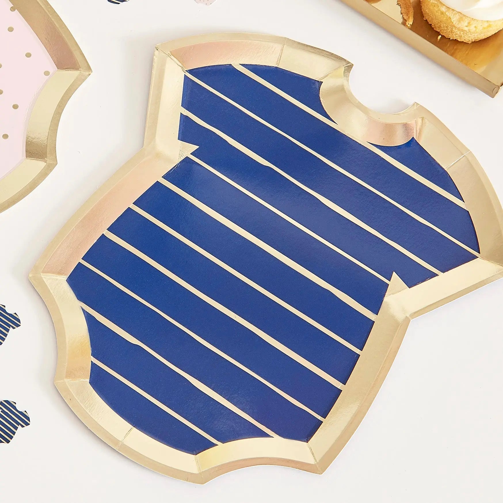 Gold Foiled Pink And Navy Baby Grow Gender Reveal Party Plates GingerRay