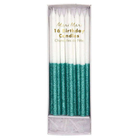 Green glitter dipped candles Meri Meri
