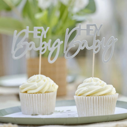 Hey Baby Sage Baby Shower Cupcake Toppers Ginger Ray