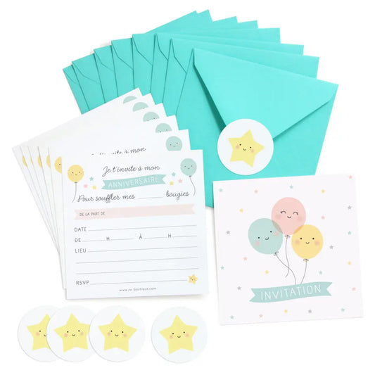 INVITATIONS ANNIVERSAIRE BALLONS - LOT DE 8 Zu-boutique