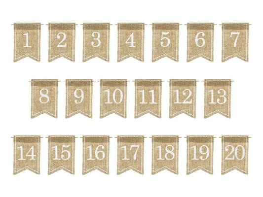 Jute Signs Table Numbers 1 - 20 Partydeco