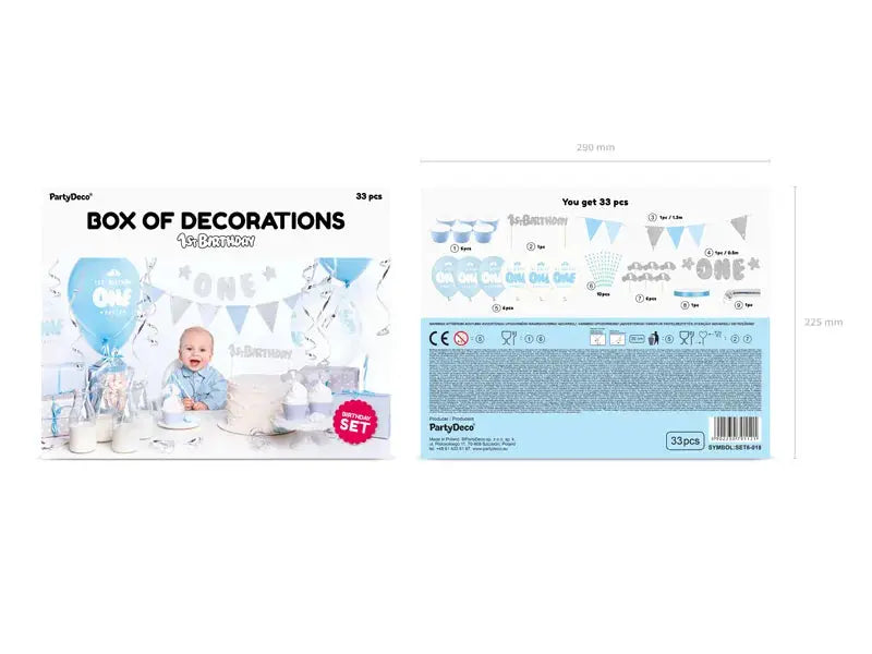 Party decorations set, 1st Birthday, silver & blue Partydeco
