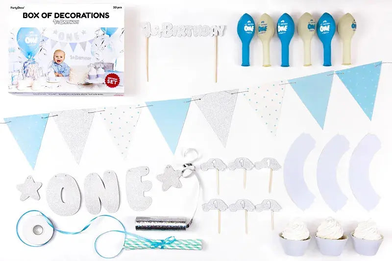 Party decorations set, 1st Birthday, silver & blue Partydeco