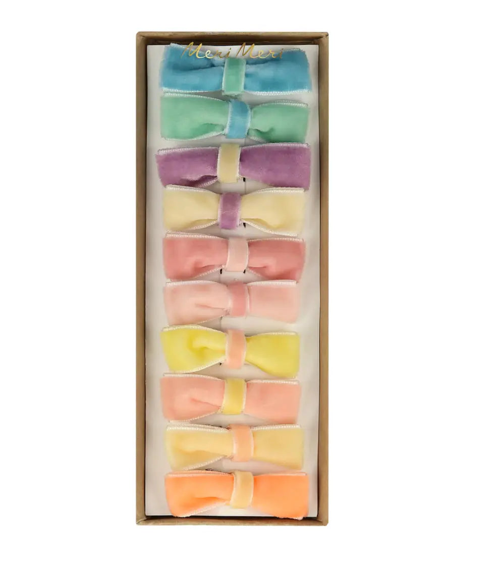 Pastel Velvet Mini Bow Clips (x 10) Meri Meri