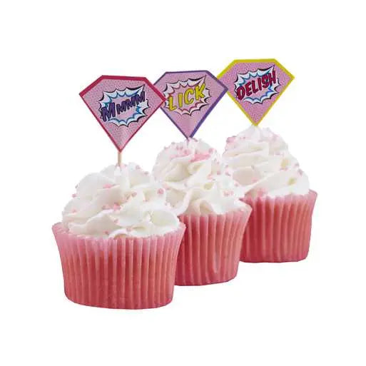 Pink Superhero Cupcake Sticks - Pop Art Superhero Party Ginger Ray