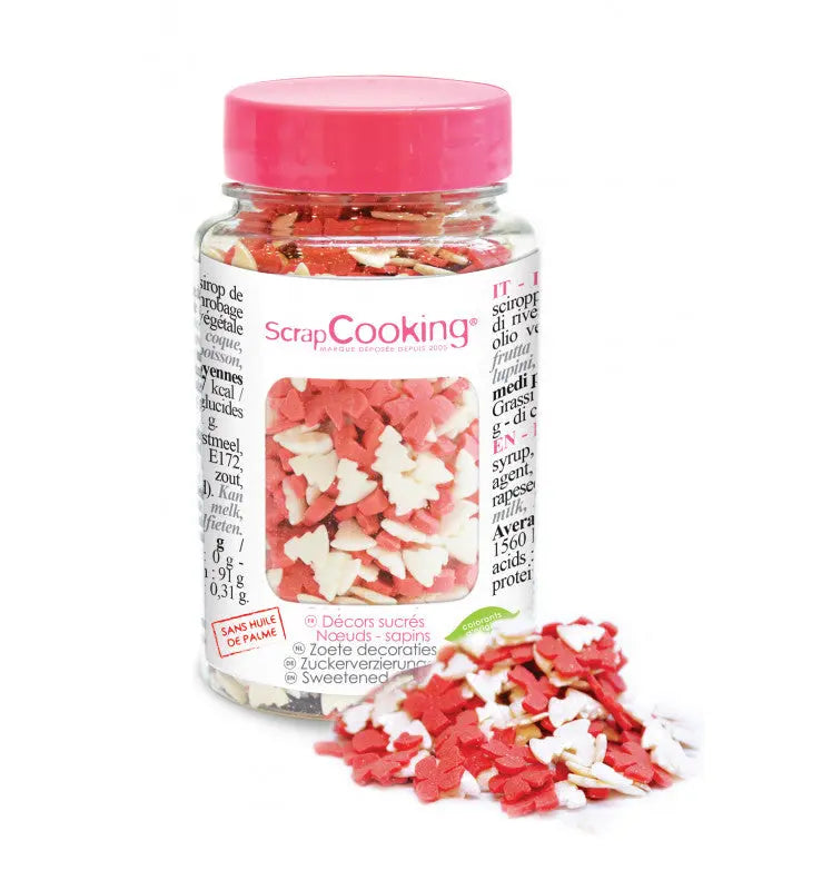 Pot of Christmas sugar sprinkles - White Christmas tree + red bow - 50g ScrapCooking