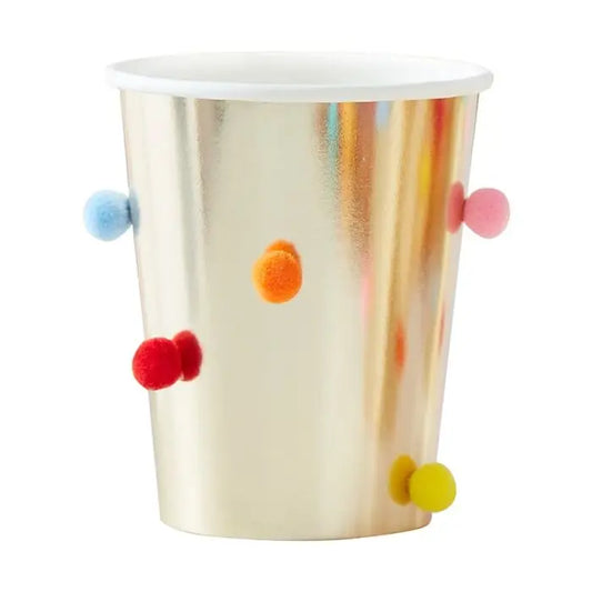 RAINBOW POM POM GOLD PAPER PARTY CUPS Ginger Ray