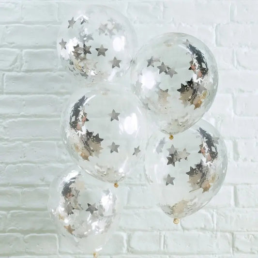 SILVER STAR SHAPED CONFETTI FILLED BALLOONS - METALLIC STAR GingerRay