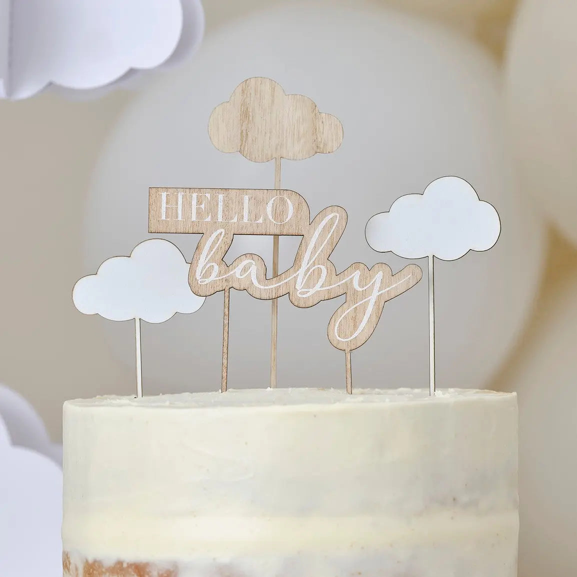Wooden Hello Baby and Clouds Baby Shower Cake Topper Ginger Ray