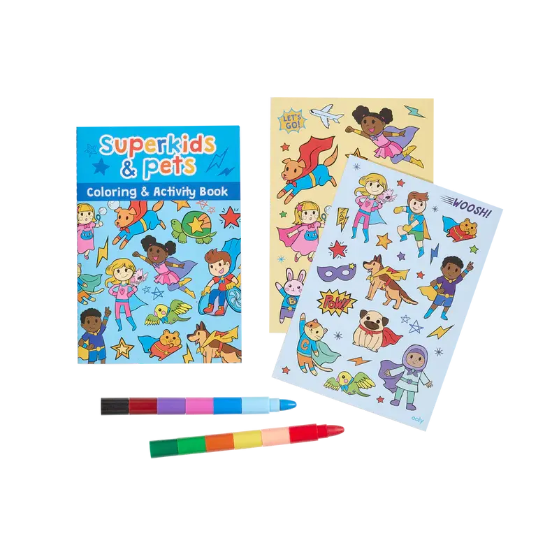 mini traveler coloring + activity kit - superkids & pets OOLY