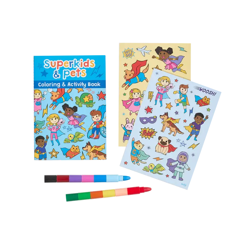 mini traveler coloring + activity kit - superkids & pets thepartyville
