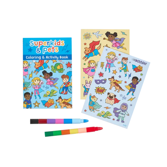 mini traveler coloring + activity kit - superkids & pets thepartyville