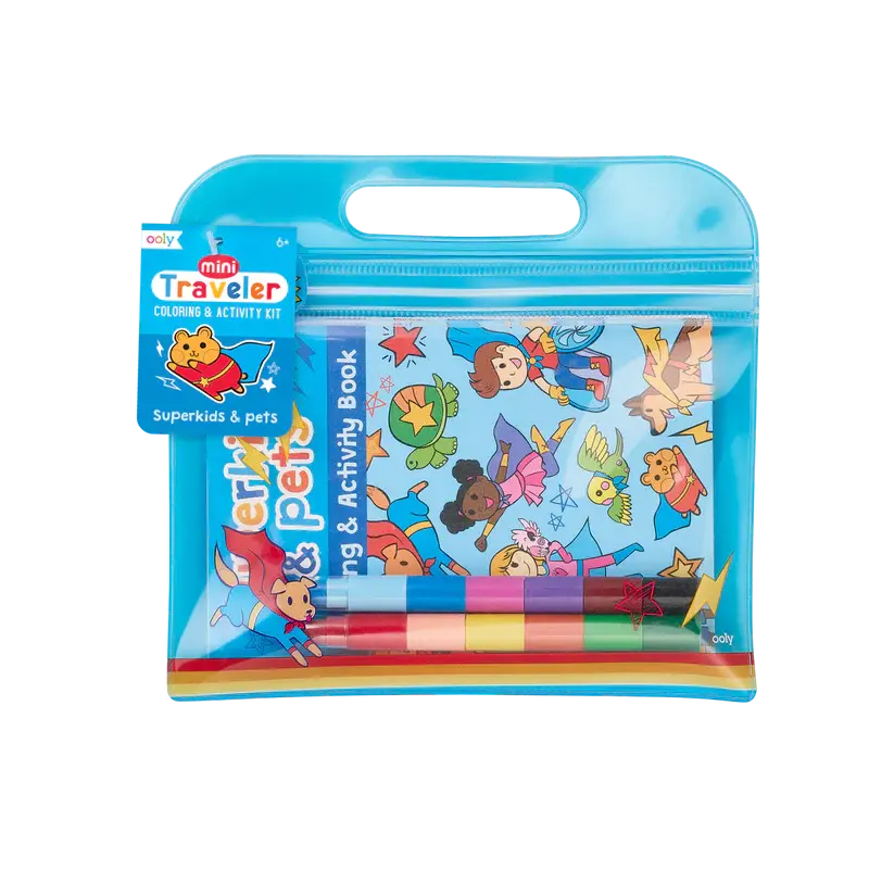 mini traveler coloring + activity kit - superkids & pets thepartyville